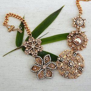 Haute Bride Gold & Crystal Medallion Statement Necklace, Handmade, NWT